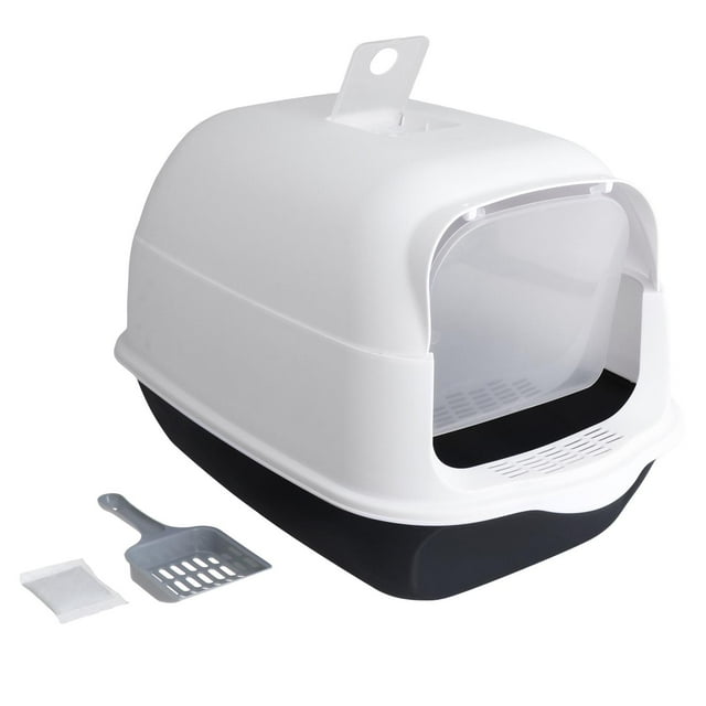 Caja de arena para gatos con tapa Caja de arena para mascotas Inodoro para gatos completamente cerrado Fácil de limpiar Borde alto Portátil con puerta Negro Fernando Bandeja de arena para gatos