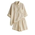 thumbnail image 3 of Dianli Women's Two Piece Boho Outfit, Oversized Button Down Shirt and Shorts Set, Casual Linen Summer Beach Vacation Wear, Lightweight Loungewear for All Occasions Pink M, 3 of 8