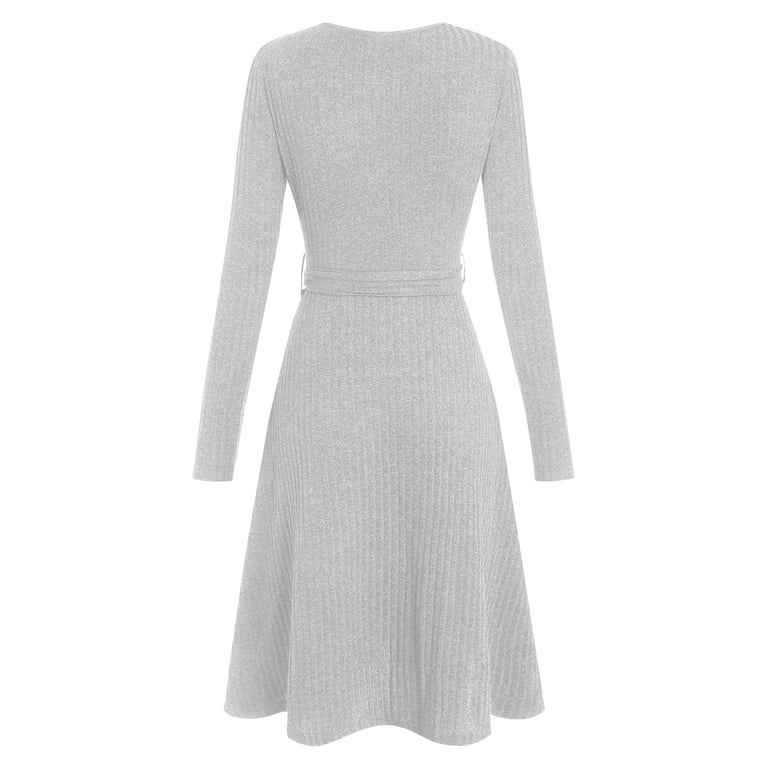 Feancey Casual Dresses for Women Long Sleeve V Neck Sweater Dress Ribbed Knit Swing Midi Dresses Solid Color Teacher Church Dress with Belt Gray M, Feancey Casual Dresses for Women Long Sleeve V Neck Sweater Dress Ribbed Knit Swing Midi Dresses Solid Color Teacher Church Dress with Belt Gray M,