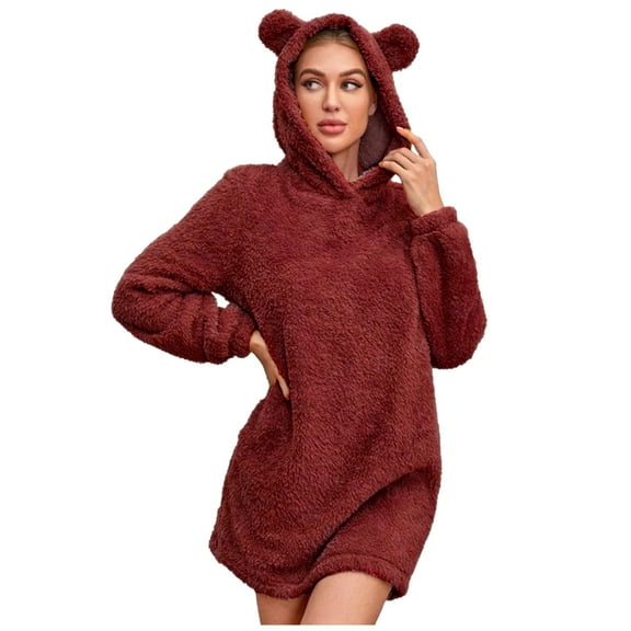 Bear Ear Fleece Hoodie Ladies Casual Cute Teddy Bear Sleepwear Long Sleeve Plush Pullover Hooded Sweater Tops
