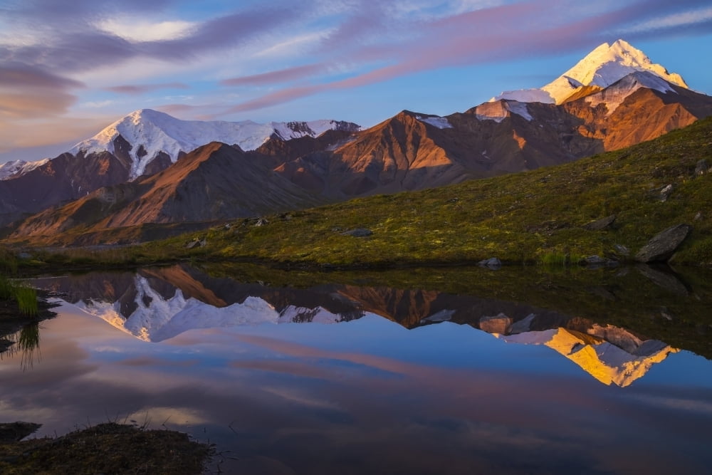 Mount Hayes reflects in a pond at sunrise, viewed from a remote area