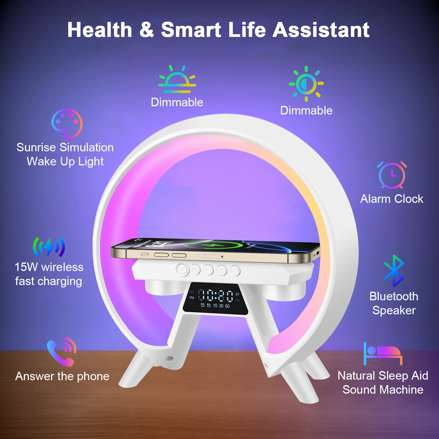 Alarm Clock, 4 in 1 Digital Alarm Clock with Wireless Charger&RGB Dimmable Night Light&Bluetooth Speaker&FM Radio, Electric Clock Digital Clock Small Clocks Desk Clock W/ LED Display for Bedroom