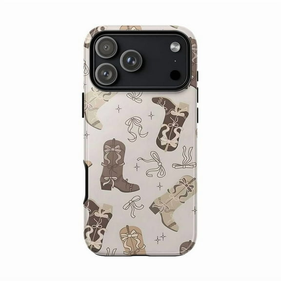 Neutral Cowgirl Boots Pattern Phone Case, Bows Western Aesthetic Art Cover for iPhone 17 16 15 14 13 12 11 Pro Plus Mini