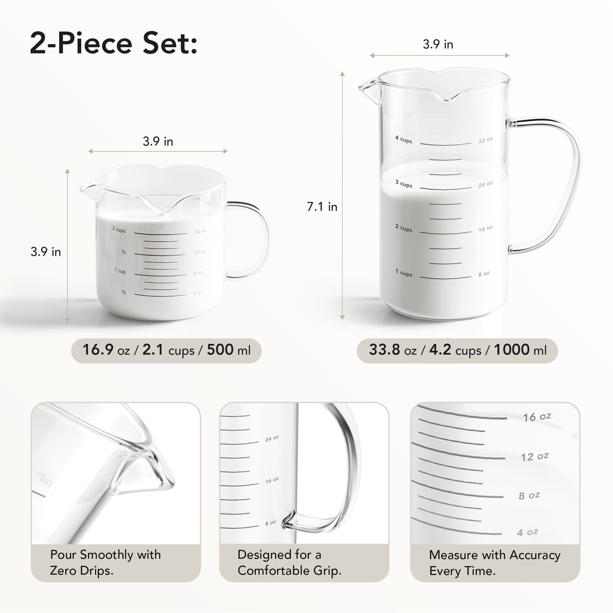 Genicook Borosilicate Glass Measuring Cups Set, 2-Pack (16.9oz & 33.8oz / 2.1 & 4.2 Cups), Dual Spout Triangle Design, Heat Resistant, Clear Scale for Cooking & Baking