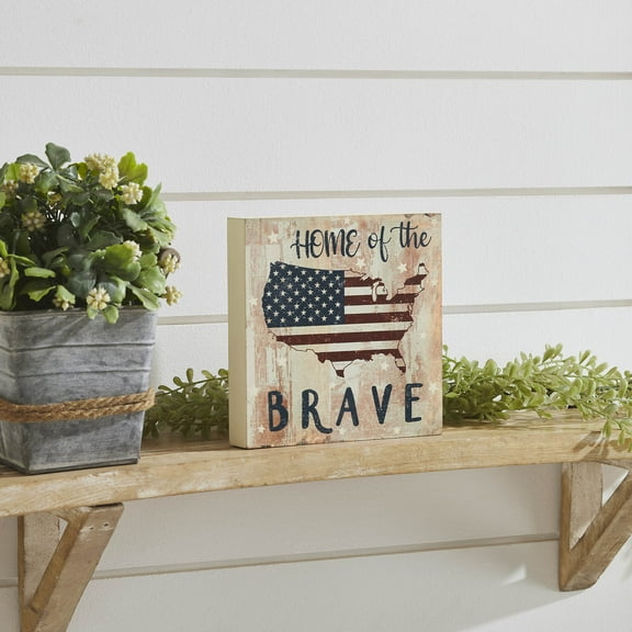 VHC Brands Patriotic My Country Home Of The Brave American Flag On Map MDF Block Sign 6x6x1, Independence Day Decor, Decorative Sign, Rustic Farmhouse Fourth of July Decorations