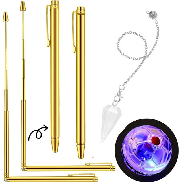 Juego de 4 Varillas de Radiestesia de Cobre con Forma de Bolígrafo, Varillas de para la Adivinación del Agua, Péndulo de Radiestesia y Bola de con Luz LED.