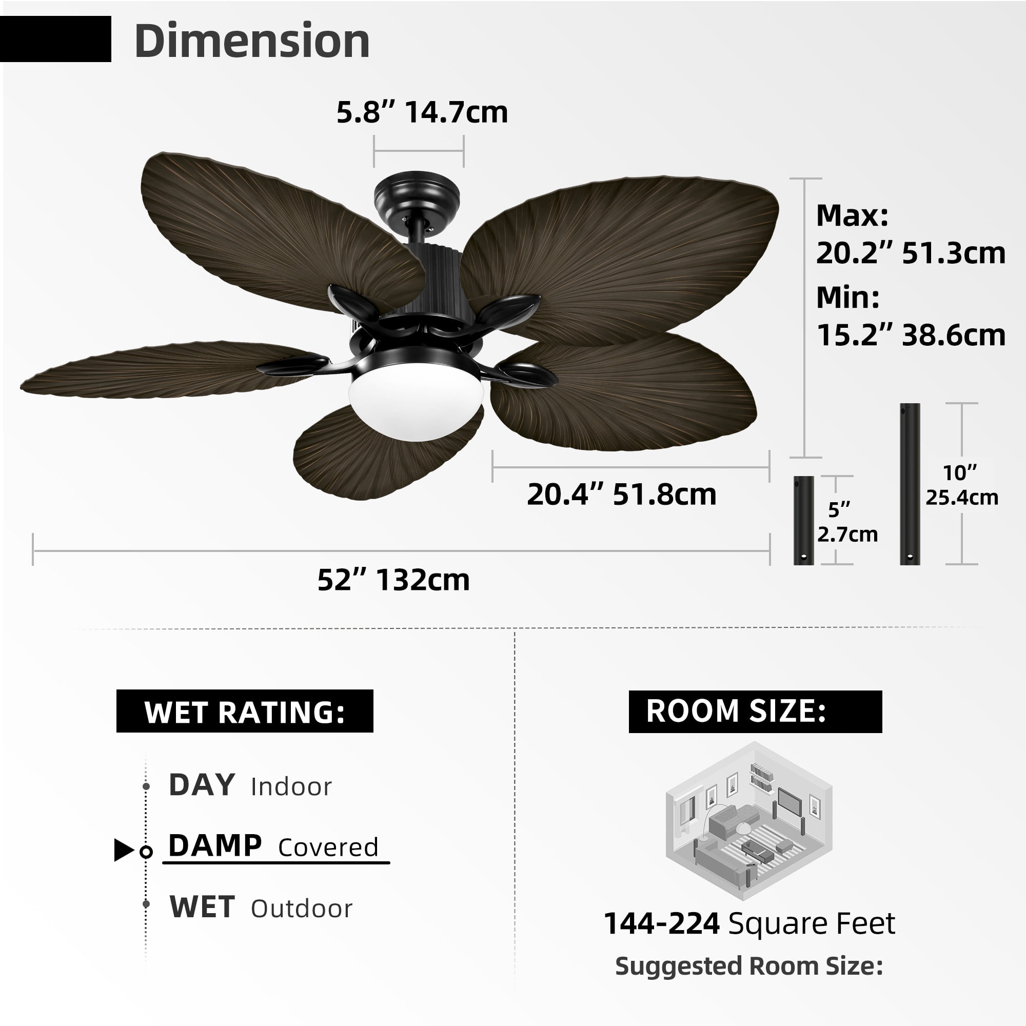 Uforic 52" Tropical Black Ceiling Fan with Light and Remote,5 Palm Leaf Blades Energy-efficient ceiling fan