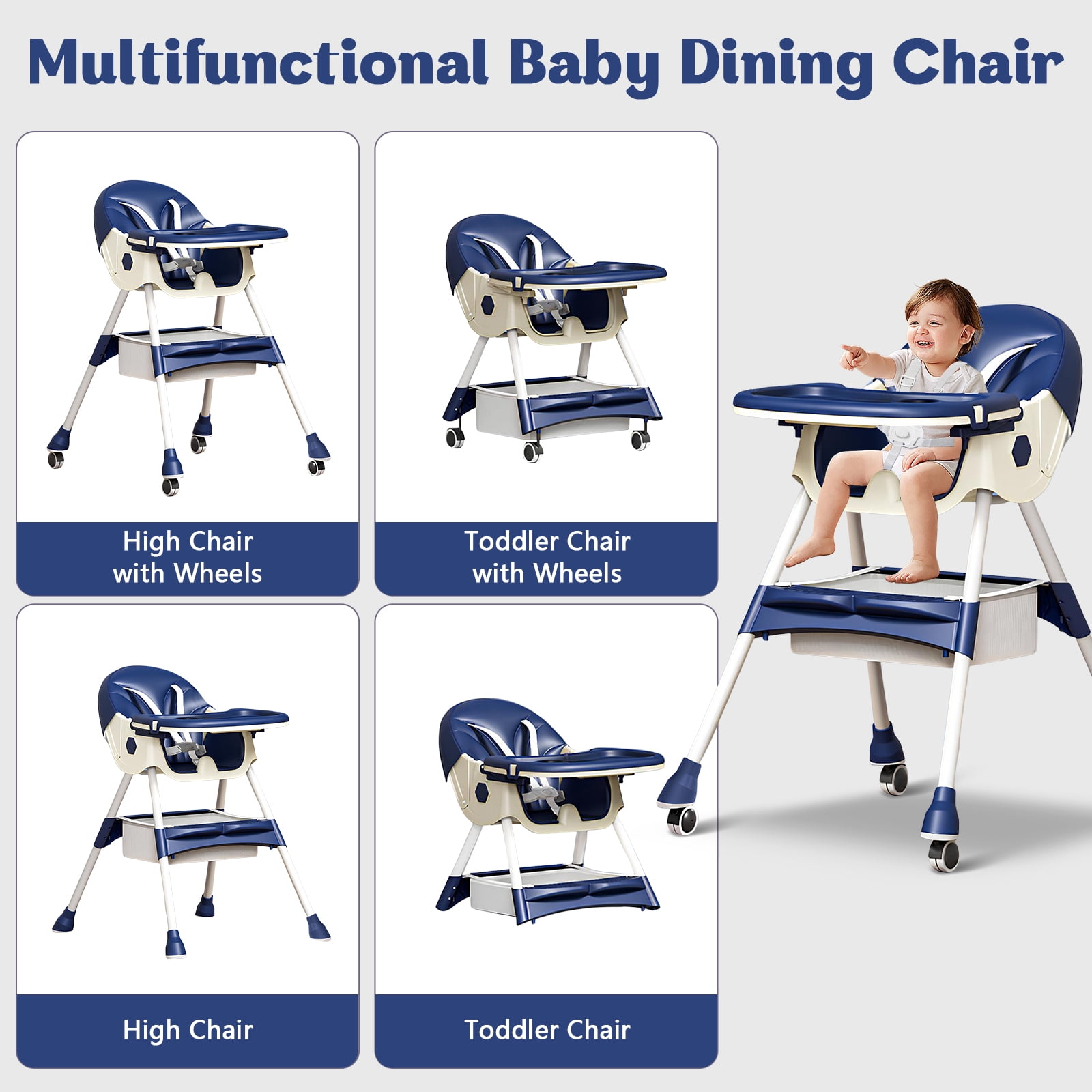 HAOUUCYIN 4-in-1 Baby High Chair, Portable Dining Chairs Eat & Play with Double-Layer Dinner Plate and Toy Rack, for 0-36 Months, Blue