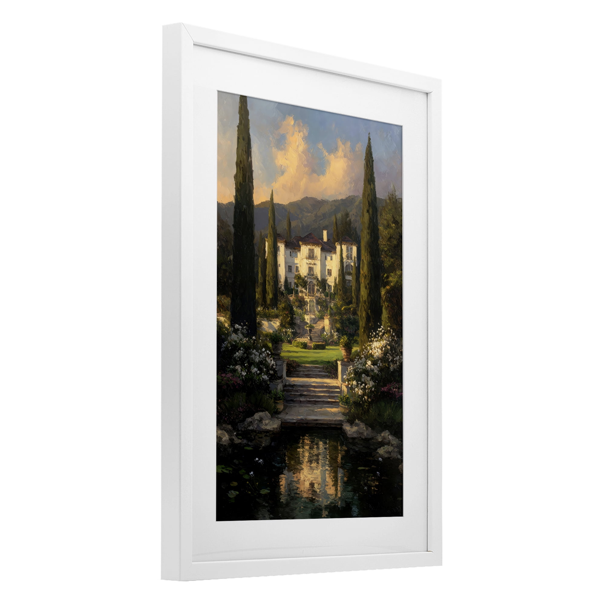 Stupell Industries Victorian Mansion at Sunset White Framed Print Under Glass, design by Petal Prints Design