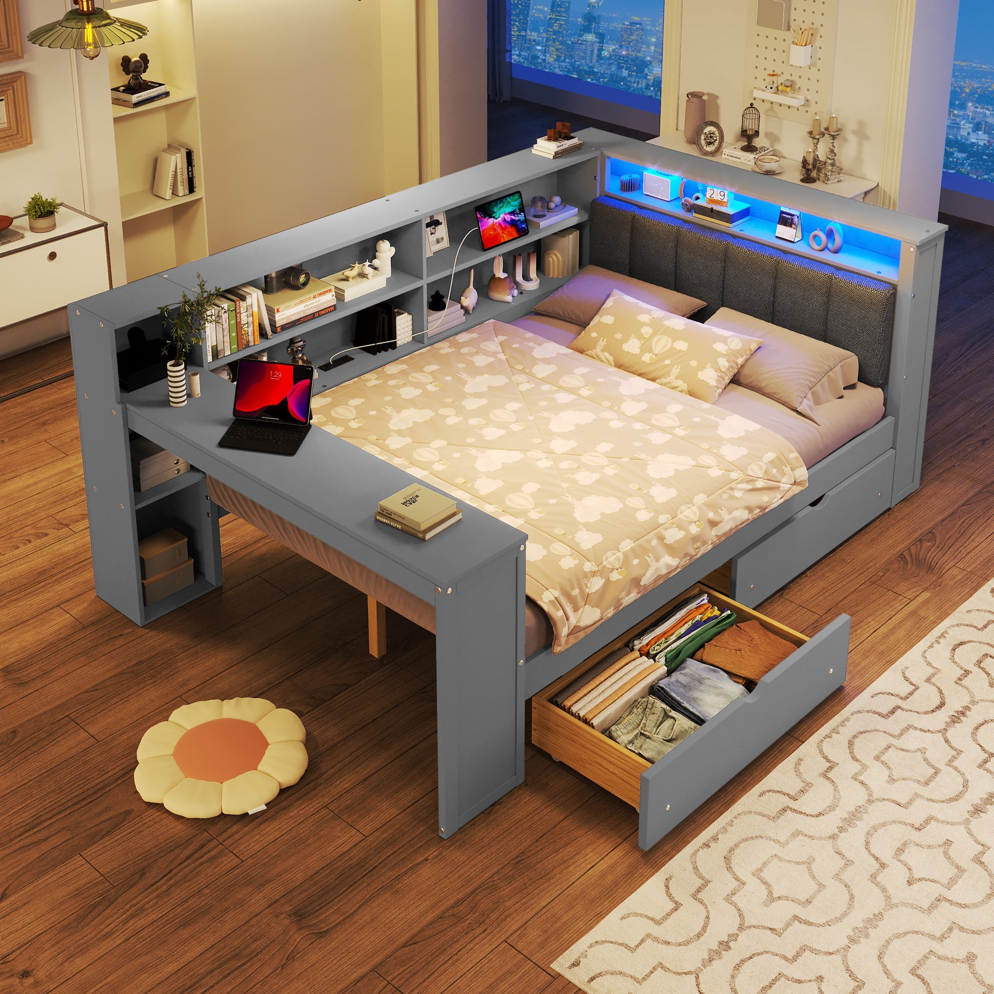 Euroco Wood Full Size Daybed with Desk and Shelves, Captain Bed with Upholstered Headboard, LED Light and USB Charging, Gray