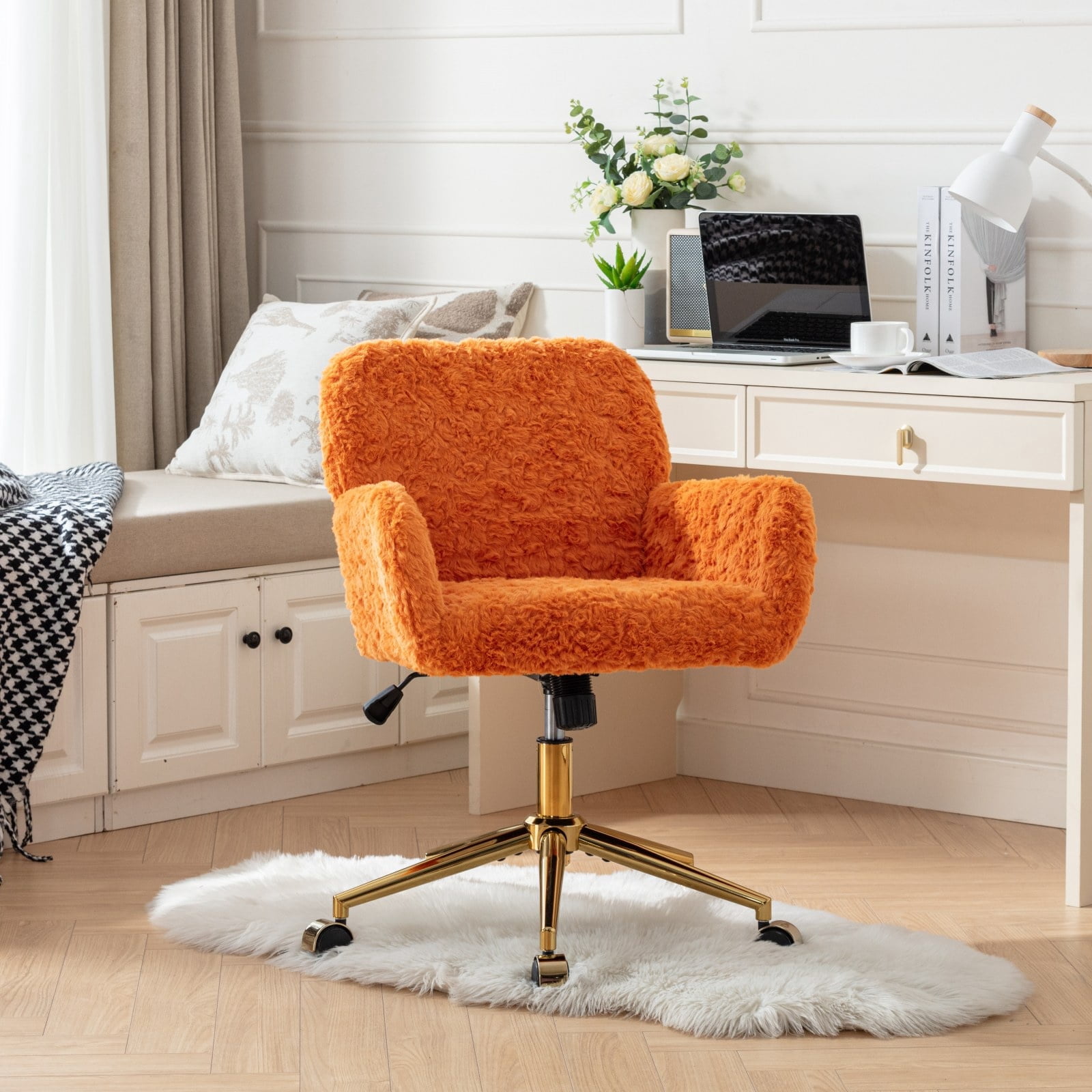 PAPROOS Office Chair, Velvet Upholstered Tufted Button Home Office Chair with Golden Metal Base, Adjustable Height, Swivel Ergonomic Task Chair, Luxury Desk Chair Computer Chair, Orange
