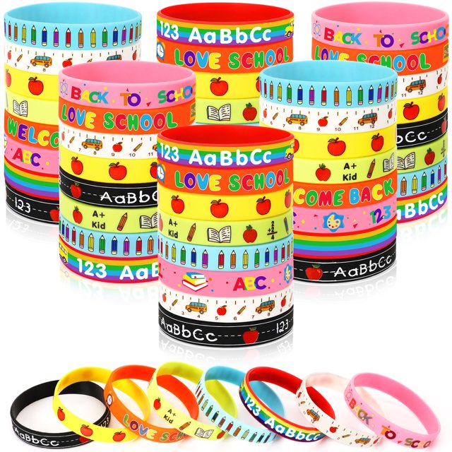 Pulseras de silicona JuneBrushs Welcome Back to School, 64 unidades