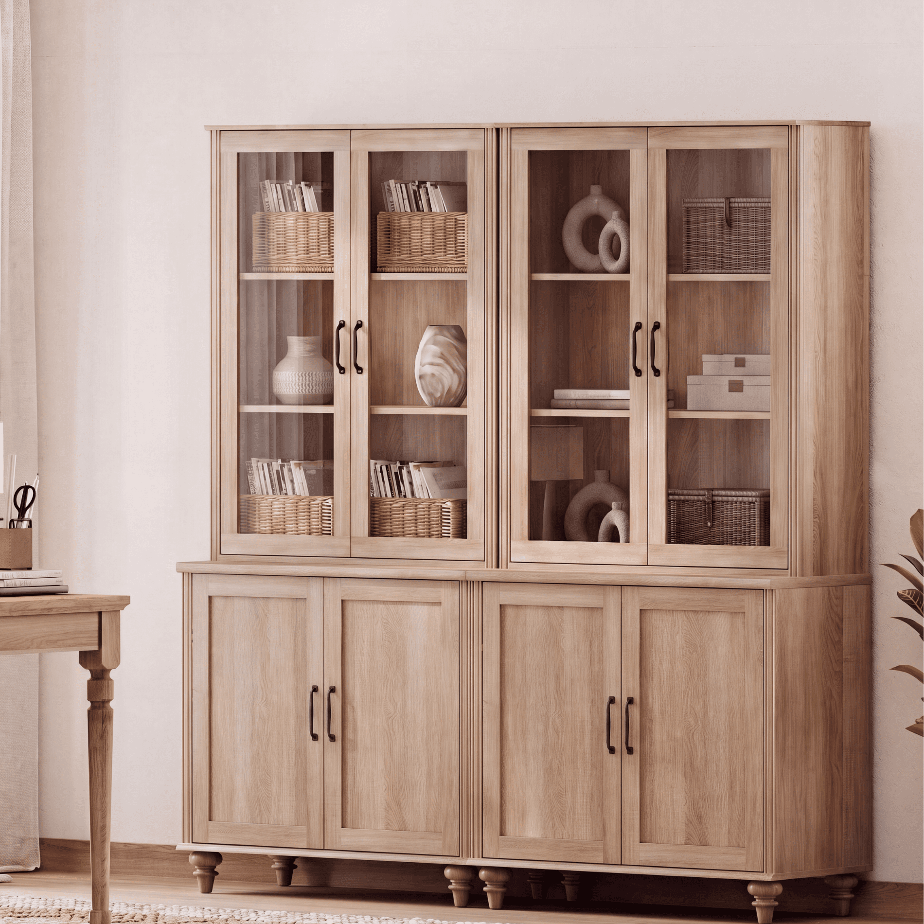 72"H Tall 5-Tier Bookcase with Glass Doors, Farmhouse Bookshelf with Ample Storage Cabinet, Large Library Wooden Bookshelves for Living Room, Office, Kitchen, Oak