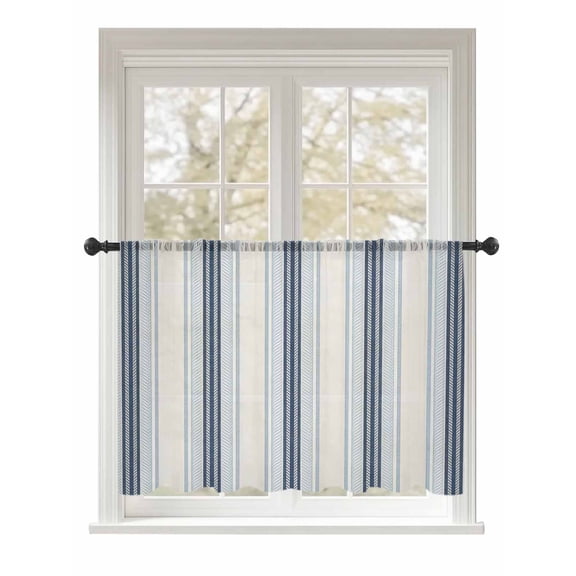 Sheer Curtains 54 Inch Length, Blue Beige Semi Sheer Curtains Light Filtering Window Treatment, Modern Abstract Gradient Vertical Stripes Privacy Voile Drapes for Living Room Bedroom 52x54 Inch