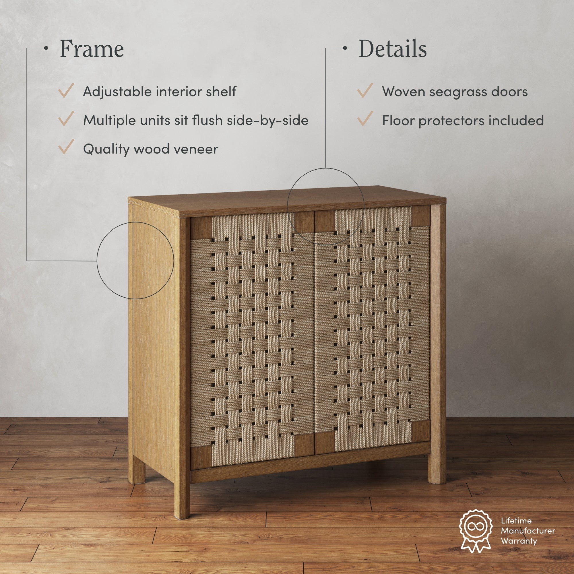 Nathan James Aerie Rustic Wood Cabinet, Boho Living Room Storage Cabinet with Seagrass Door Panels and Solid Wood Legs, Light Brown