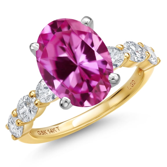 Gem Stone King 14K Two Tone Gold Pink Created Sapphire and Lab Grown Diamond Engagement Ring for Women | 8.40 Cttw | Oval 12X10MM | Gemstone September Birthstone | Size 5 | Size 5