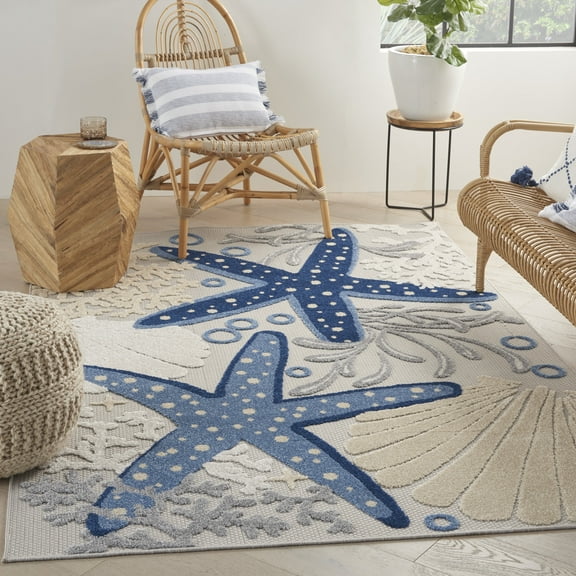 Nourison Aloha Indoor/Outdoor Coastal Tropical Blue/Grey 5'3" x 7'5" Area Rug, (5' x 7')
