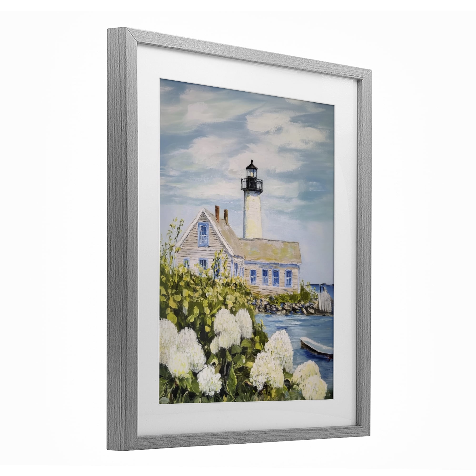 Stupell Industries Lighthouse Scenery with Hydrangeas Gray Framed Print Under Glass, design by Sisi and Seb