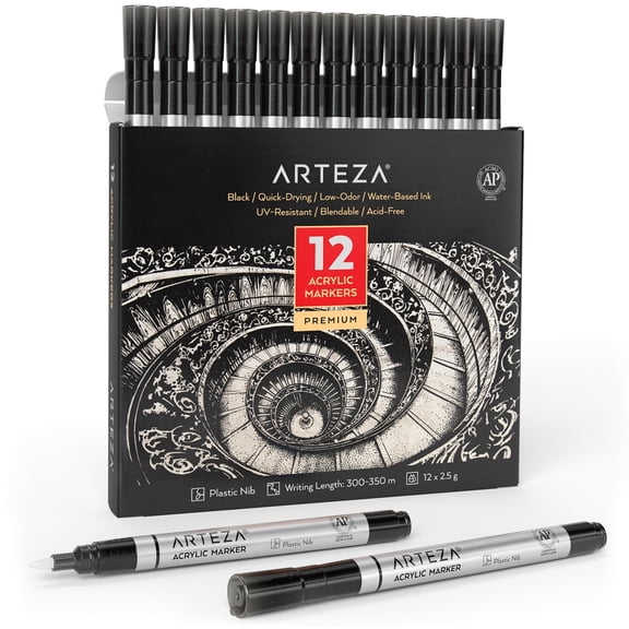 Arteza Acrylic Paint Markers Art Supply Set, Black Fine Nib - 12 Piece
