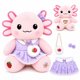 thumbnail image 1 of Peluche Axolote Rosa de 13 Pulgadas con Bolsa de Fresa, Vestido y Broche Morado – Juguete Suave para Juegos Creativos y Regalos Infantiles, 1 of 1
