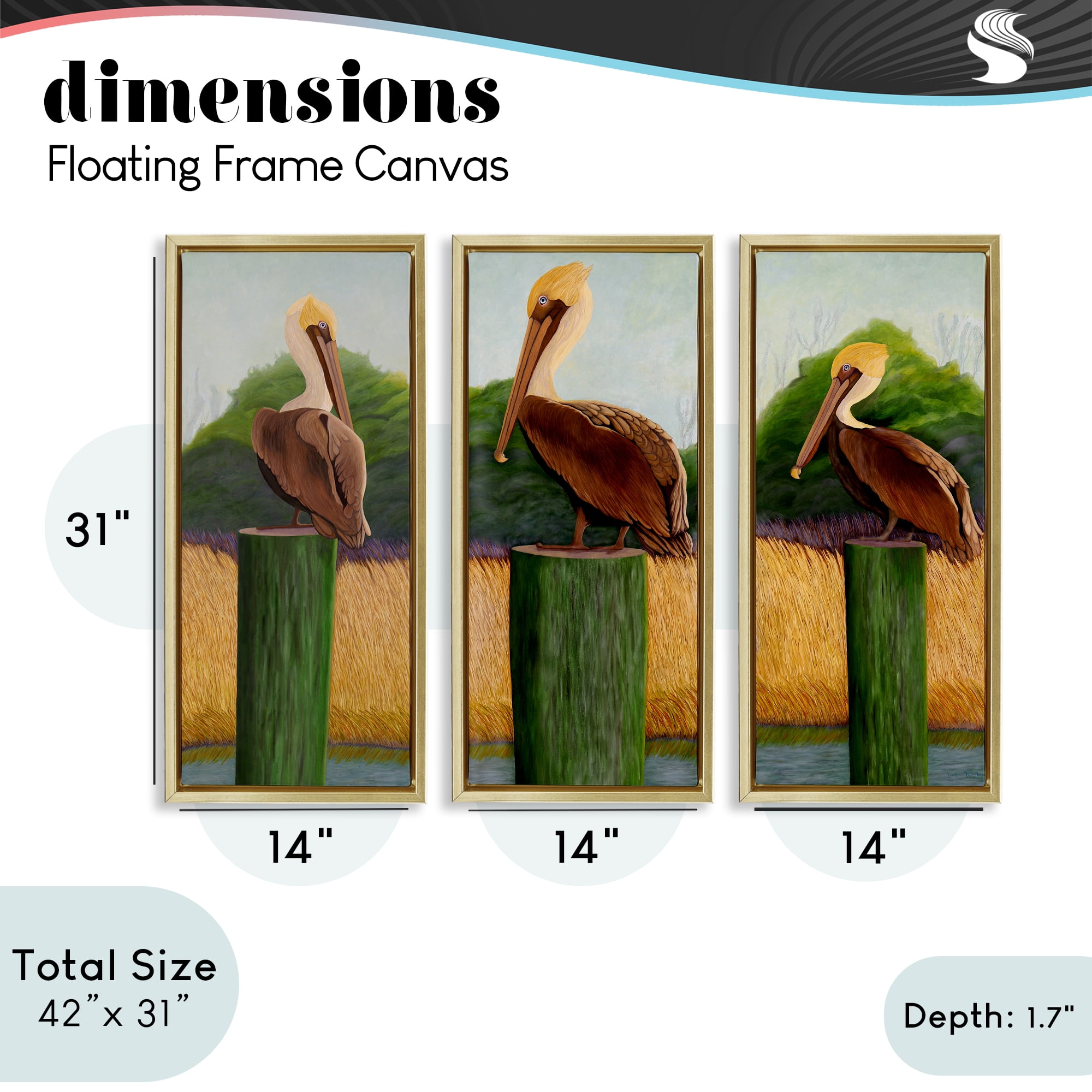 Stupell Industries Blue Eyed Pelicans in Marsh 3 Piece Gold Framed Floater Canvas Set, design by Barbara Fallenbaum