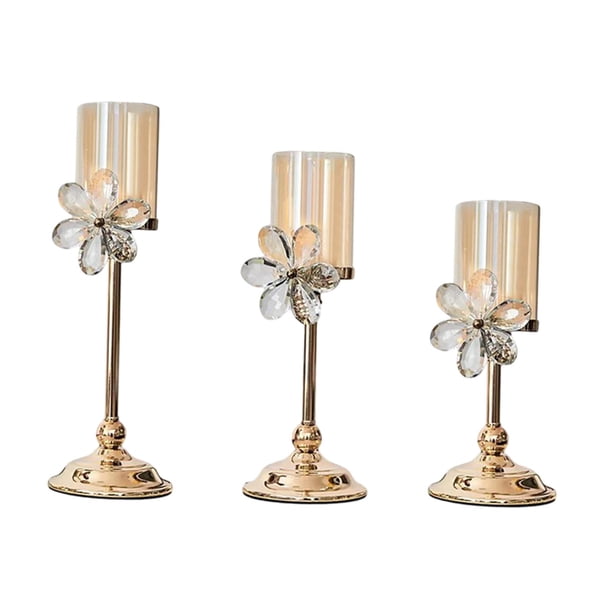 Candelabro de pilar de 3 piezas, candelabro de metal dorado, candelabro para decorar Flor transparente