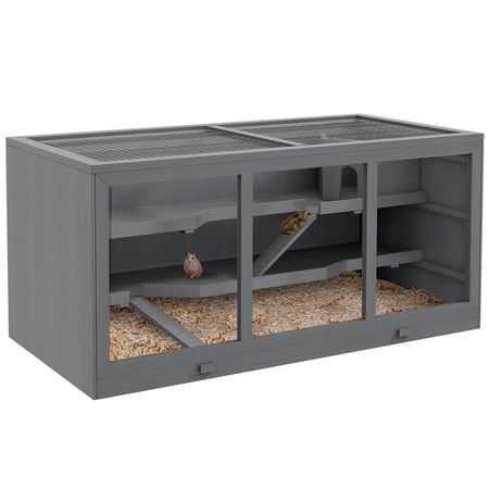 Oversized Wooden Hamster Cage - 45" Small Animal Habitat with Open Roof, Ramp & Cabin, Grey, for Hamsters Gerbils