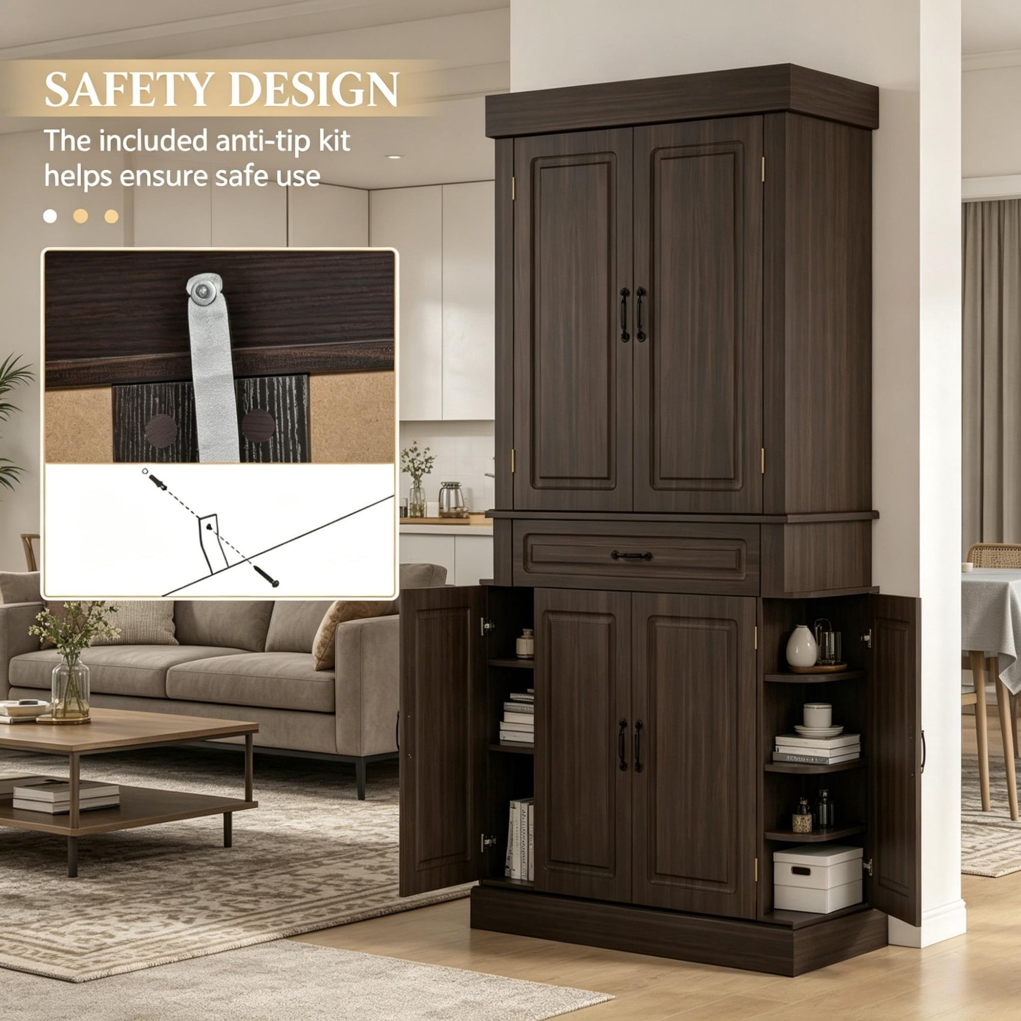 71" Freestanding Kitchen Pantry Cabinet with 4 Doors 2 Large Storage Cabinets And an Additional Drawer for Coffee & Kitchen Supplies