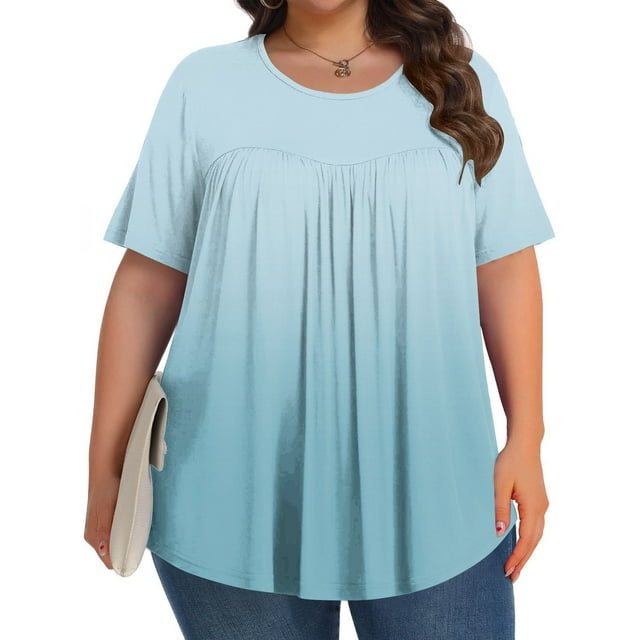 Plus Size Tops for Women, Ruched Blouse with Gradient Print, Short Sleeve Round Neck Shirt, Comfortable Stretch Casual Top