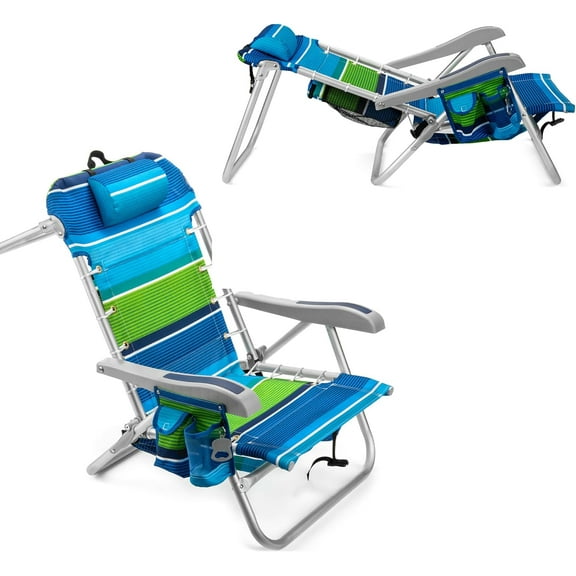 Homevative Backpack Fold-Up Beach Chair, 5 Positions, Towel bar, Cooler, Storage Pouch, Cup Holder and Phone Pocket