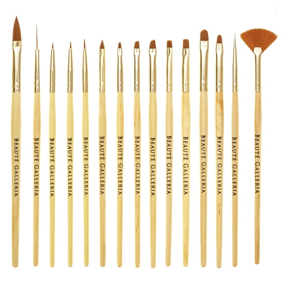 Beaute Galleria 15 Pieces Nail Art Brush Set for Detailing, Striping, with Gel Brushes, Painting Brushes, 3D Brush, Dotting Tool, Fan Brush and Liner