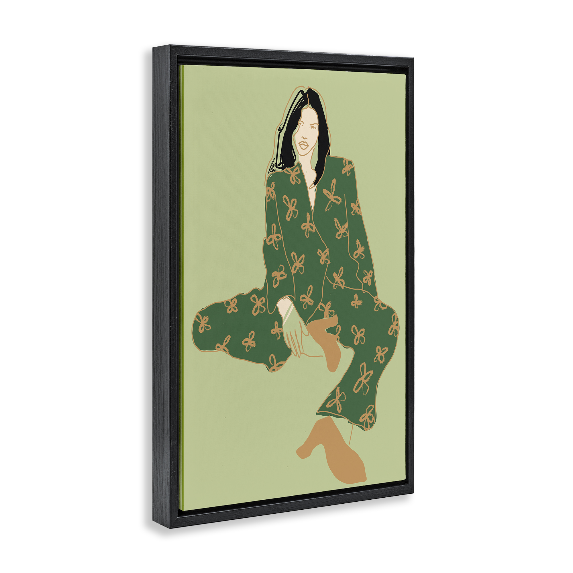 Stupell Industries Stylish Girl Sitting Novelty Painting Black Floater Framed Art Print Wall Art, 21 x 31