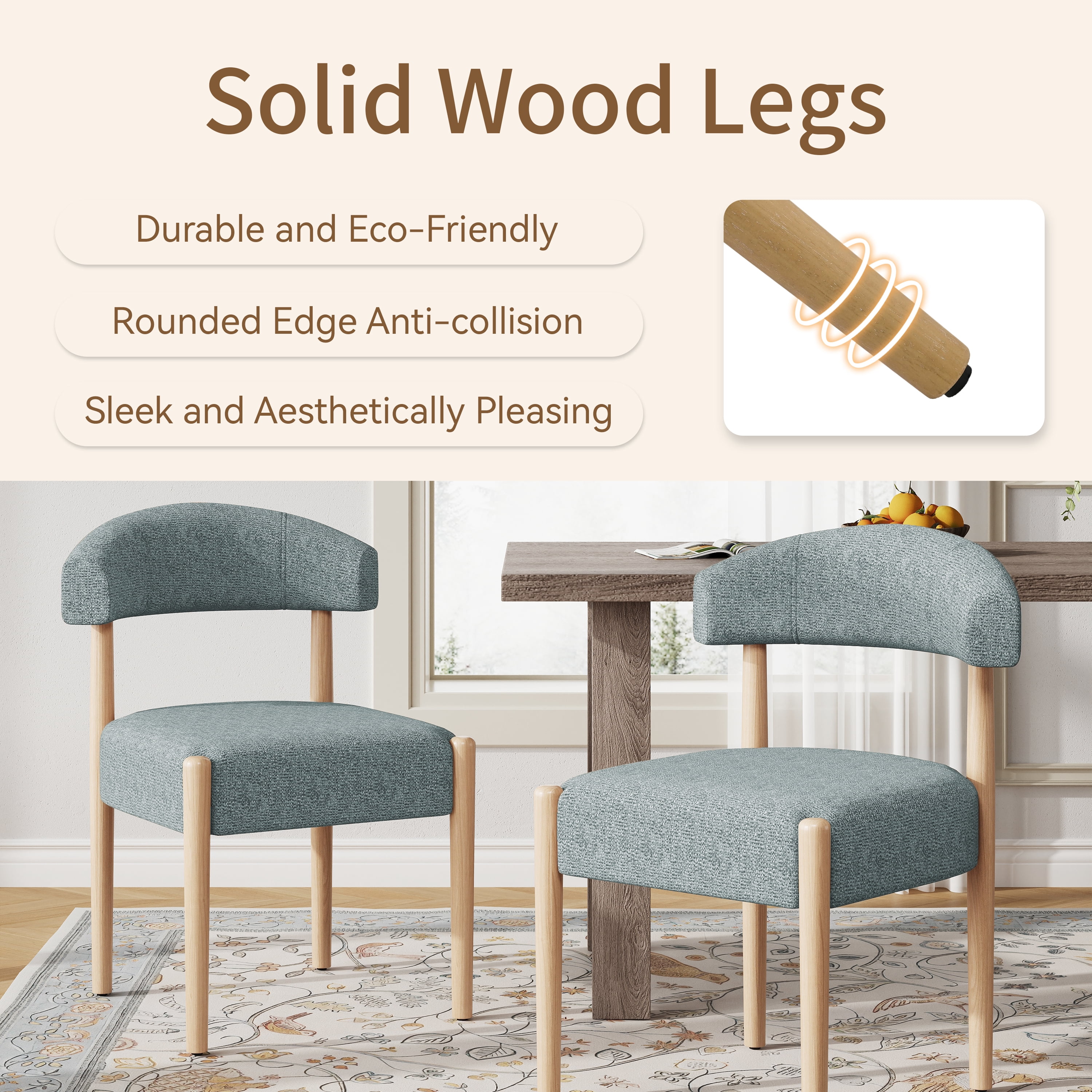 Vknow Furniture Minimalist Fabric Dining Chairs Set of 6 Solid Wood Legs Ergonomic Backrest for Dining Room Bedroom Study, Blue