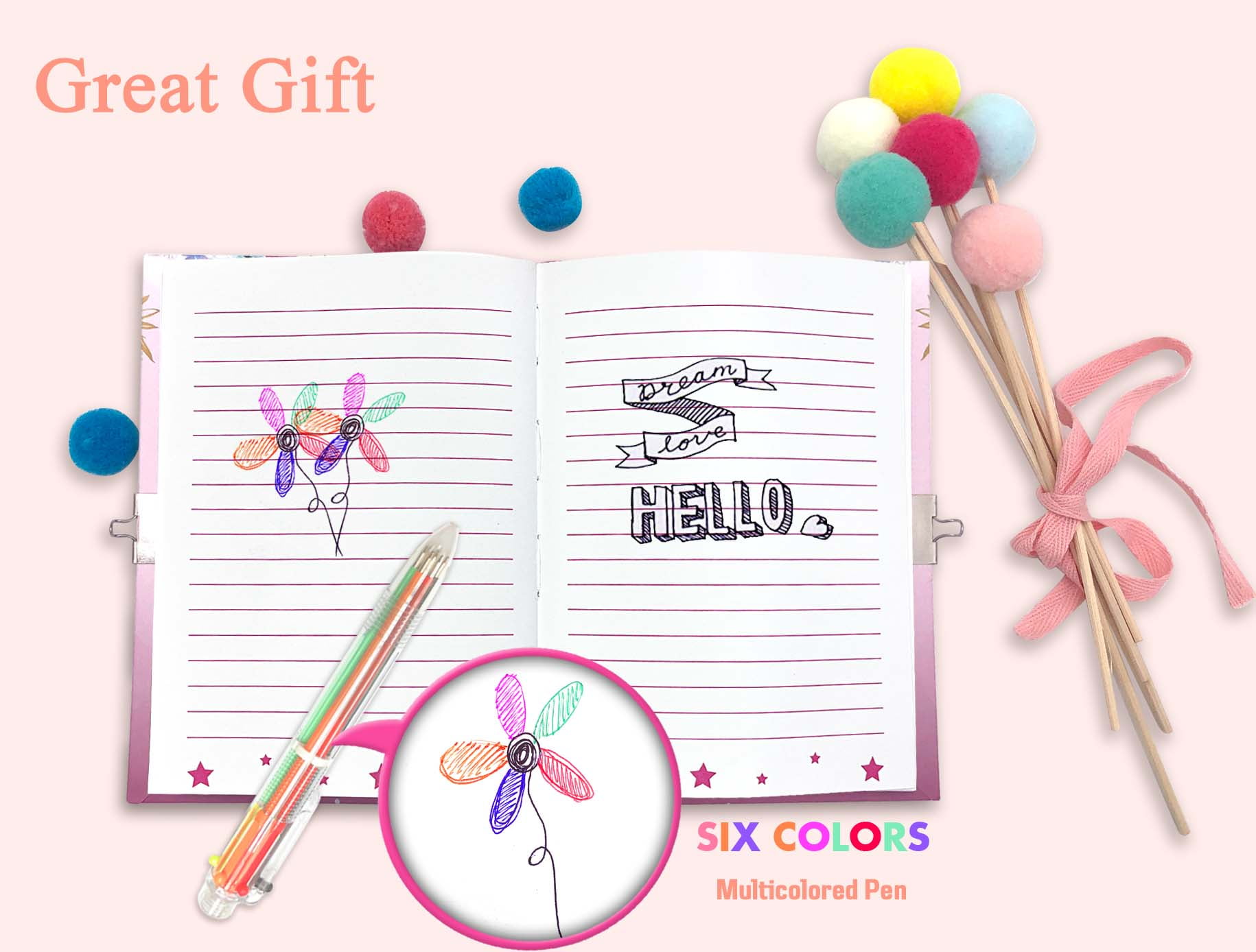 Ginmlyda Secret Diary with Lock and keys, Notebook Stationary Set Incl. Pink Butterfly Journal with Lock Memo pad 6 Colored Pen Ruler Sharpener Eraser for Learning Writing Drawing Gifts