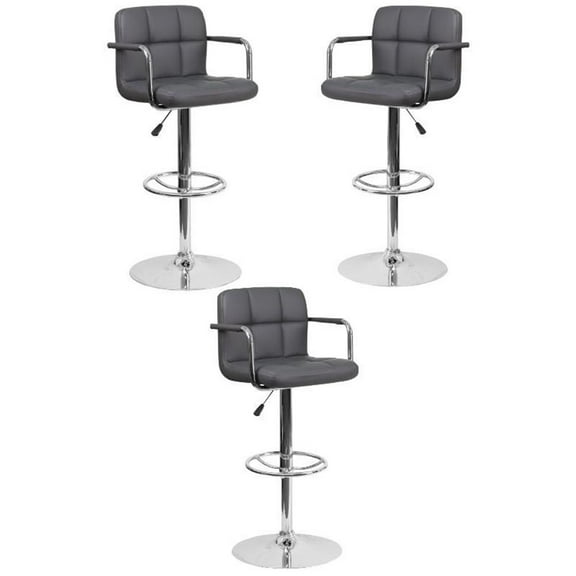 Home Square Faux Leather Quilted Adjustable Bar Stool in Gray - Set of 3