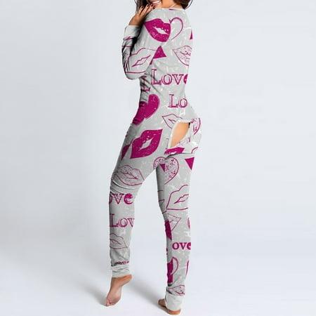 

LAKUB Fall Style Women Print Long Sleeve Button Flap Nightwear Jumpsuit Bodysuit Playsuit Romper Gray M