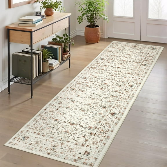 Yesurprise 2'x6' Vintage Floral Runner Area Rugss Oriental Carpet, Washable Non Slip Stain Resistant Area Rugs, Low Pile Indoor Mats for Hallway, Bedroom, Kitchen, Beige