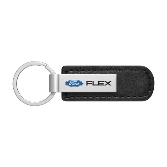 iPick Image for Ford Flex Silver Metal Plate Black PU Leather Strap Key Chain, Official Licensed