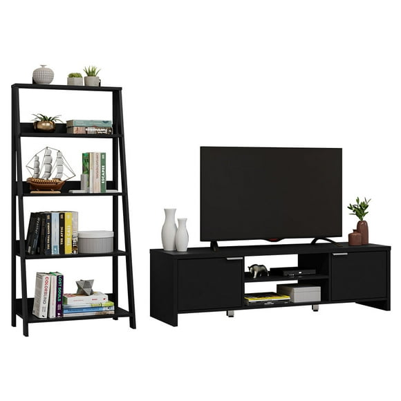 Madesa 2-Piece TV Stand and Ladder Shelf Set: 57" Entertainment Center with Cable Management + 24" 5-Tier Ladder Shelf for Storage, Office, Living Room, and Bedroom – Black