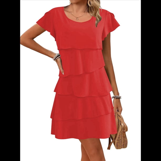 Elegante Vestido de para Mujer, con Volantes, Cuello Redondo, Mangas Abullonadas, Vestido Midi Fluido para Cóctel o Fiesta Rojo M