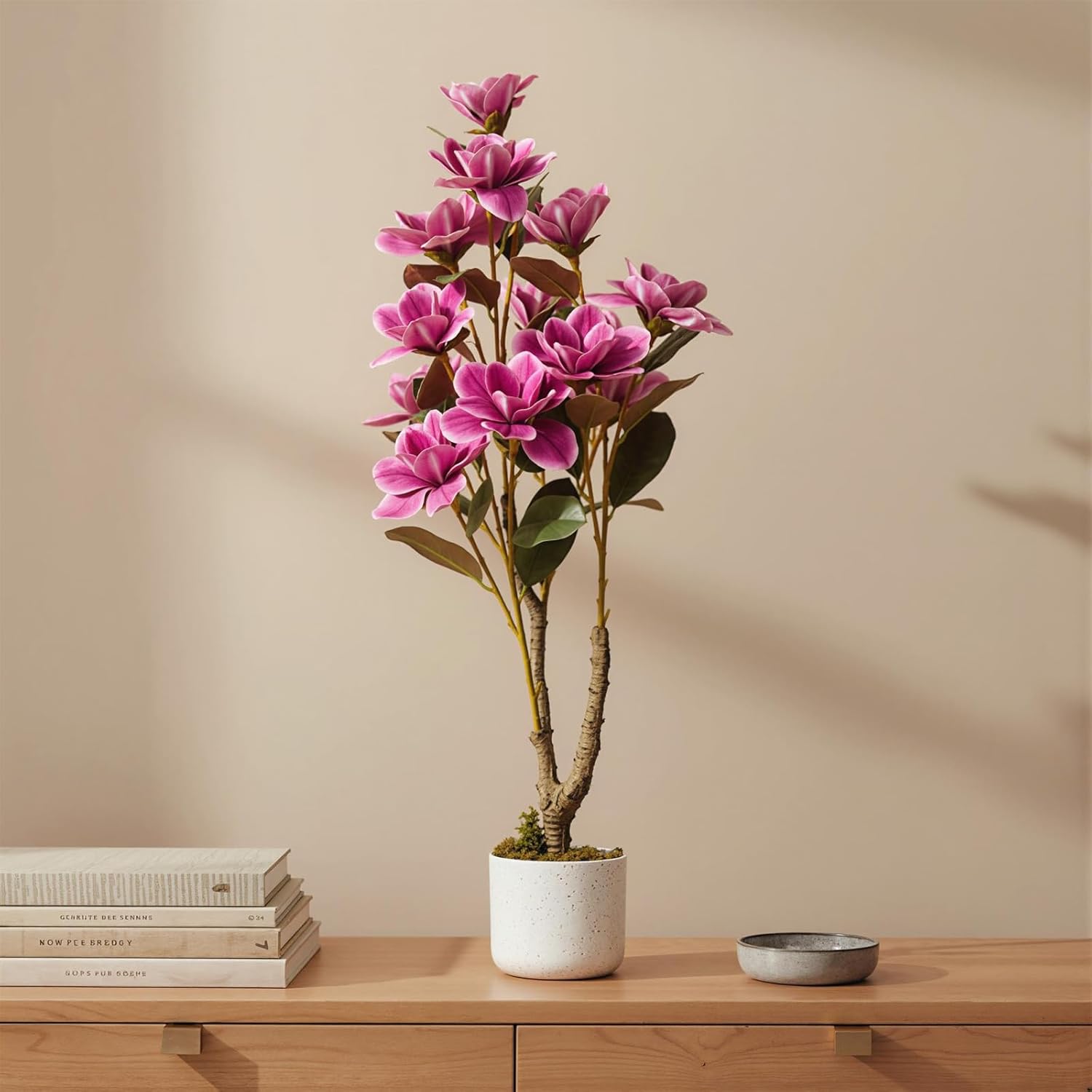 Artificial Yulan Tree Orchid Flowers Plant, 37.4inch Faux Magnolia Tree with Lifelike Floral Leaves Dried Moss Fake Potted Flowers Trees for Indoor Home Wedding Table Decor Pink