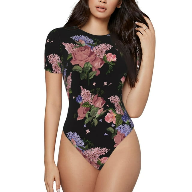 Balery Bouquet Body de cuello redondo de manga corta para mujer Tops de manga corta Tops básicos-Large