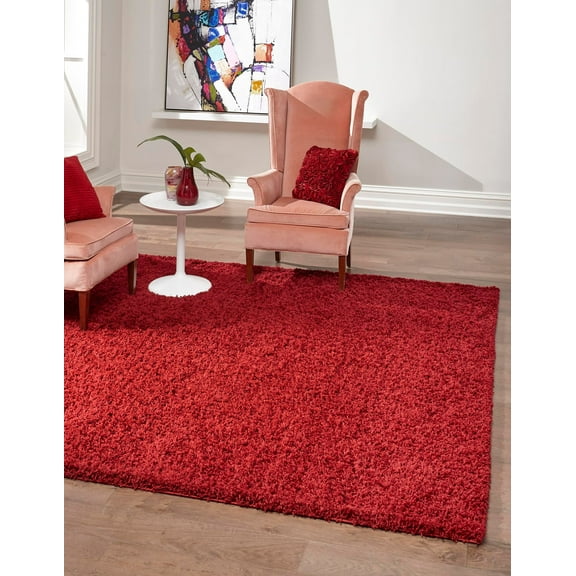 Rugs.com Solid Shag Collection Rug – 8 Ft Square Cherry Red Shag Rug Perfect For Living Rooms, Kitchens, Entryways