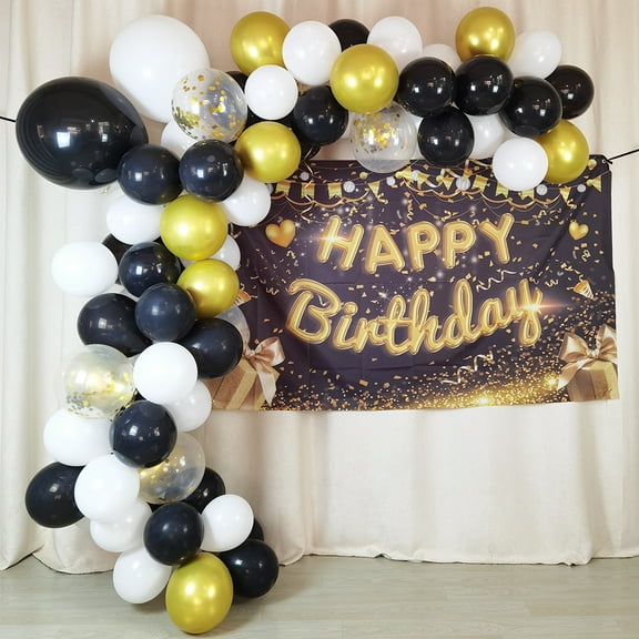 Black White Gold Balloons Garland Kit with Happy Birthday Banner Backdrop for Birthday Party Decorations 86 pcs