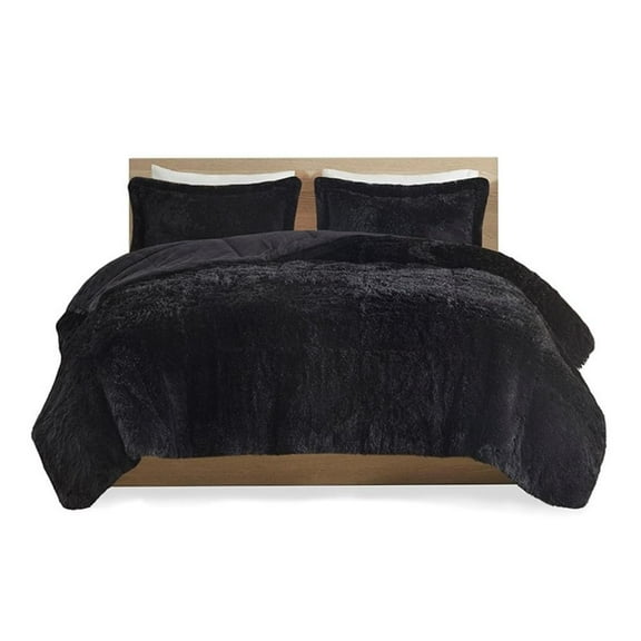 Pemberly Row Contemporary Shaggy Long Fur Comforter Mini Set in Black