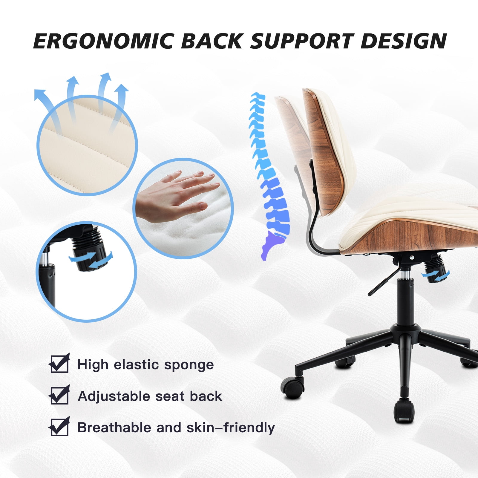 Rongbuk Home Office Chair, PU Leather Comfy Office Desk Chair with Wheels, Adjustable 360° Swivel Ergonomic Computer Chair, Armless Modern Vanity Chair Walnut Chair for Home Office, Beige