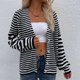 thumbnail image 2 of Abrigo de mujer a rayas con botones - Cárdigan de punto con mangas farol y cuello en V negro, 2 of 6