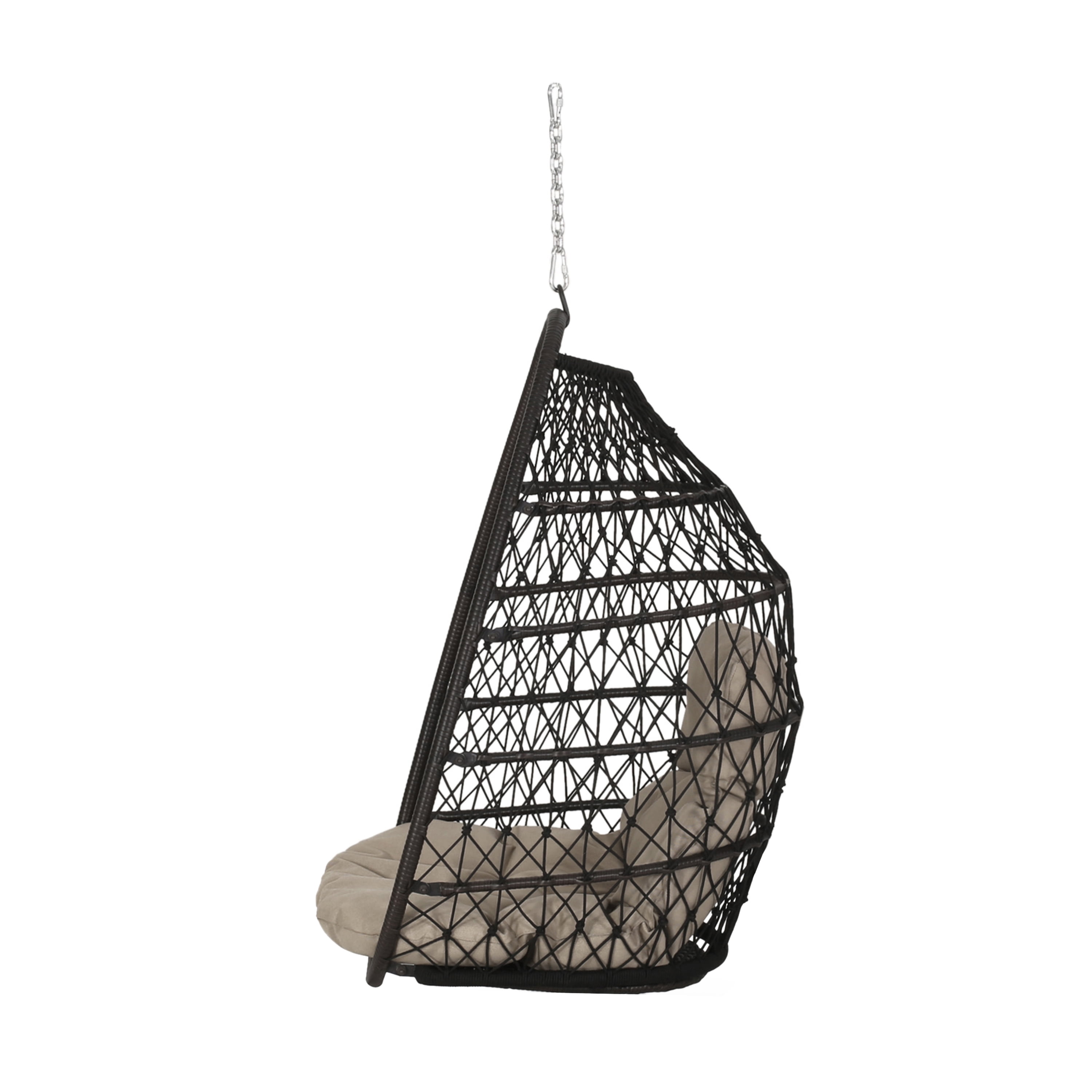 Outdoor Foldable Hanging Basket Chair, Wicker Weave Suspended Relaxing Seat for Patio Garden, Dark Tan