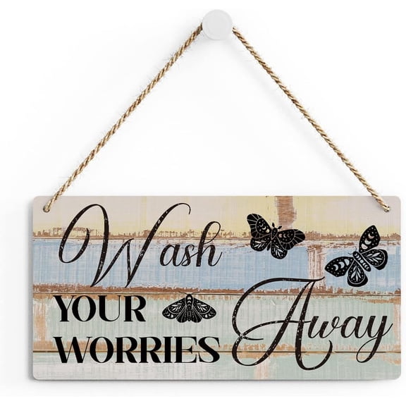 Rustic Butterfly Bathroom Wood Decor Sign, Wash Your Worries Away Printed Wood Sign Wall Art, Hanging Door Sign, Decorative Wood Sign Home Bathroom Decor 10x5 Inch