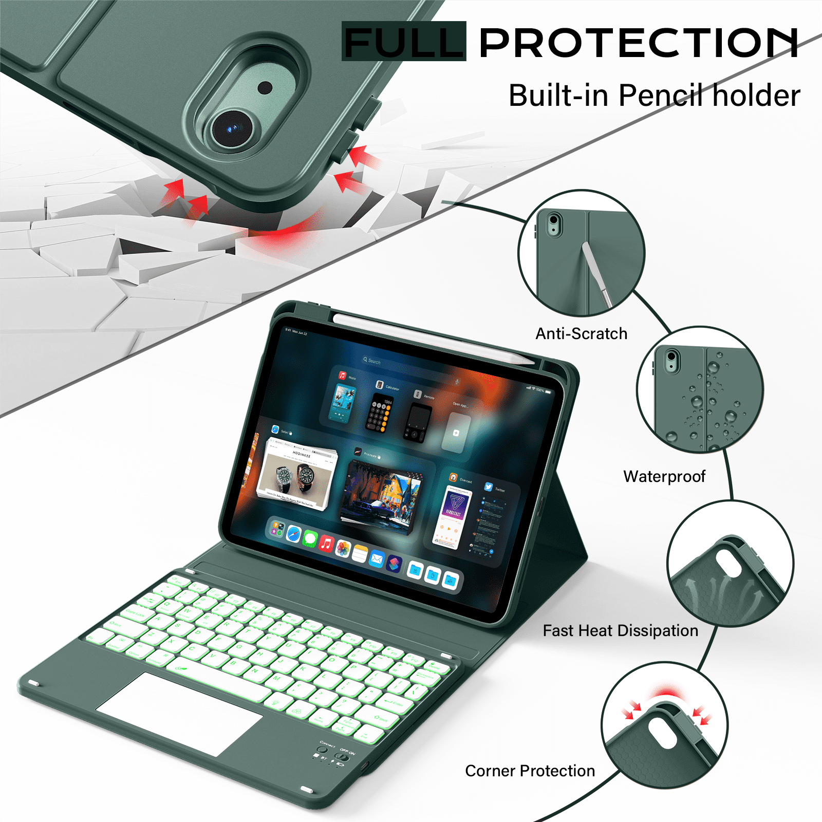 Kenke Keyboard Case Compatible for iPad (A16) 11/10th Generation 11/10.9 inch 2025/2020, Folio Cover with Pencil Holder,Multi-Touch Trackpad, 7 Color Backlit,Detachable Bluetooth Keyboard, Dark Green